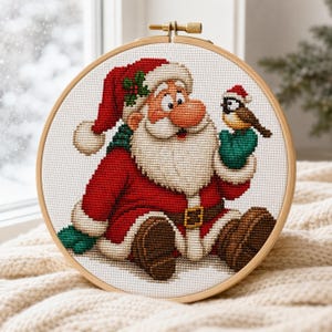 May include: A circular wooden embroidery hoop containing a cross-stitch design of Santa Claus wearing a red suit and hat with white trim, holding a small bird wearing a matching red hat. The background of the embroidery is white fabric.