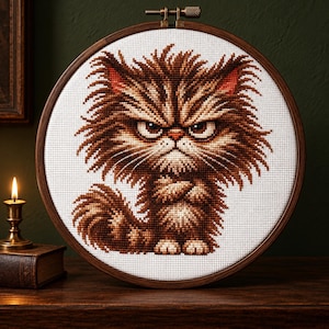 Grumpy Fluffy Cat Cross Stitch Pattern PDF, Funny Pet Embroidery Chart