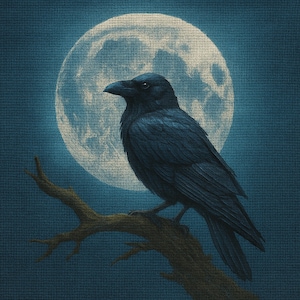 Puede incluir: Ilustración digital de un cuervo negro posado en una rama, con un fondo de luna llena. Las plumas del cuervo están detalladas y la luna tiene una apariencia texturizada. La paleta de colores es principalmente azul oscuro y negro.