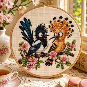 May include: A circular wooden embroidery hoop containing a cross-stitch pattern of two birds perched on a flowering branch. One bird is black and white with a blue tail, while the other is orange with a spiky crest, both surrounded by pink flowers.