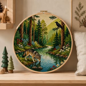 May include: A circular wooden embroidery hoop containing a cross-stitch pattern of a forest landscape. The scene features a wolf drinking from a stream, a black raven perched on a tree branch, tall pine trees, and colorful wildflowers.