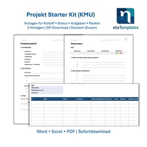 Könnte beinhalten: Ein digitales Projekt-Starter-Kit mit Vorlagen für Kickoff, Status, Aufgaben und Risiken. Das Kit enthält Word-, Excel- und PDF-Formate und steht zum sofortigen Download bereit. Der Text auf dem Bild ist auf Deutsch.