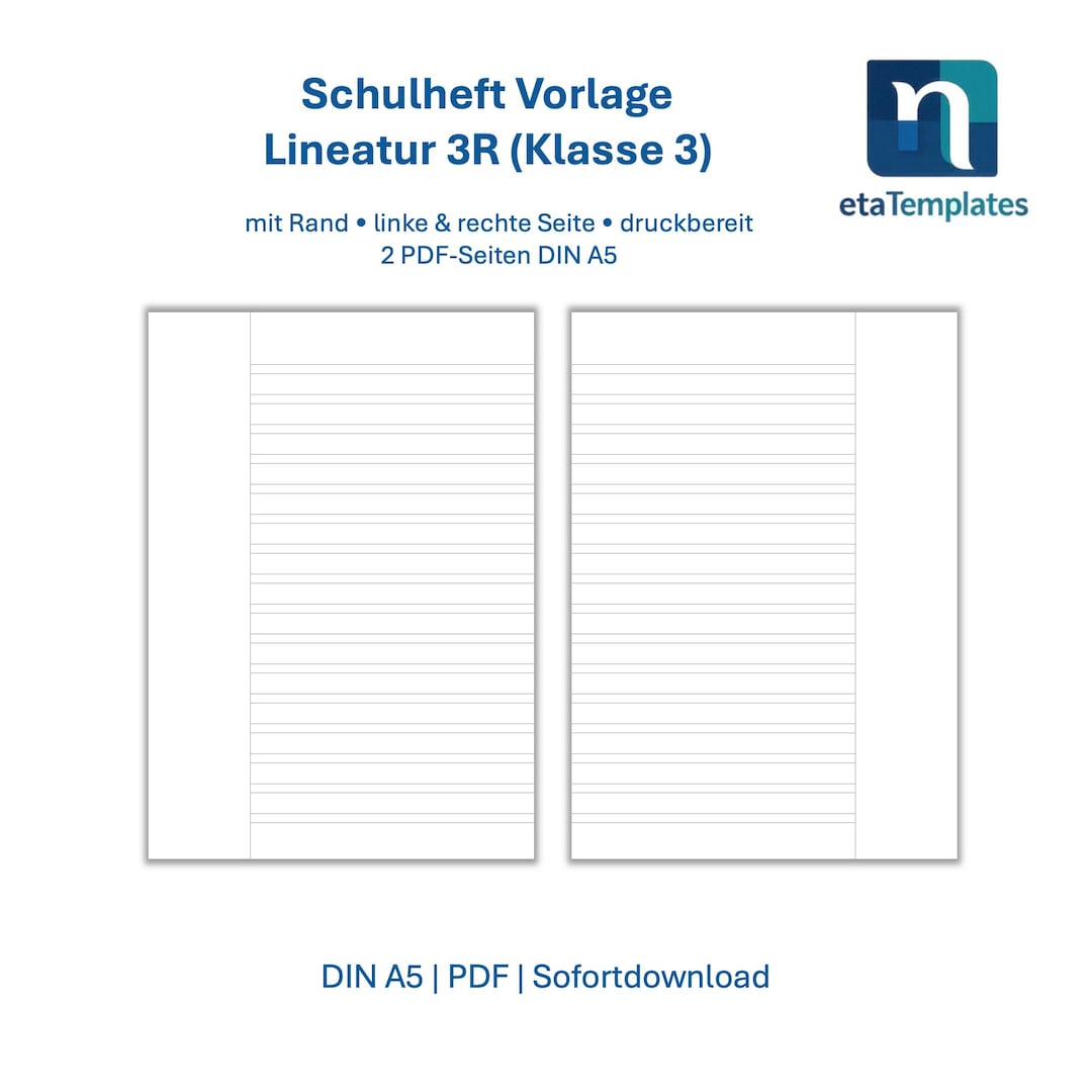 School Notebook Template for Grade 3 | Lined Paper 3R | DIN A5 PDF ...