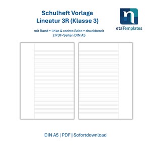 Pode incluir: Dois modelos de papel branco pautado para a turma 3, com o texto "Schulheft Vorlage Lineatur 3R (Klasse 3)". Os modelos têm uma margem no lado esquerdo e estão rotulados como "DIN A5 | PDF | Sofortdownload". O logótipo etaTemplates está no canto superior direito.