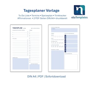 Printable Tagesplaner | A4 PDF | To-Do Liste, Termine, Speiseplan, Trinktracker, Affirmationen | Sofort-Download Digital Planner