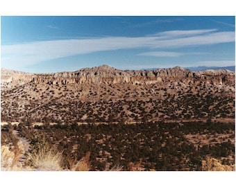 May include: A landscape photograph showing a mountain range under a blue sky with some clouds. The foreground has dark green trees and shrubs, leading to a tan and brown mountain with vertical rock formations.