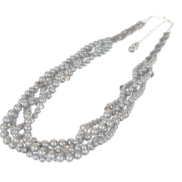 Gray Pearl Necklace- Statement Necklace- Chunky Pearl and Crystal Necklace