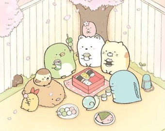 May include: A group of cute cartoon animals having a picnic under a pink cherry blossom tree. The animals are sitting on a yellow blanket and eating snacks. There are dango, sushi, and other treats on the blanket. The animals are all smiling and enjoying their picnic.