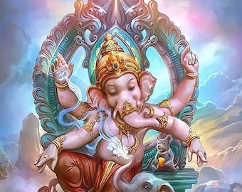 May include: A colorful illustration of the Hindu deity Ganesha, depicted with an elephant head, multiple arms, and a large belly. He is seated on a throne with a small elephant at his feet. The background is a vibrant sky with clouds.