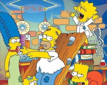 May include: A cartoon family of yellow characters with blue hair, including a baby, a young boy, a girl, and a man with a beard, are standing in a room with a wooden plank, books, and electrical equipment.