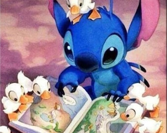 May include: A blue cartoon character with large ears and big eyes is reading a book to a group of white ducklings. The book has illustrations of ducks and other animals.