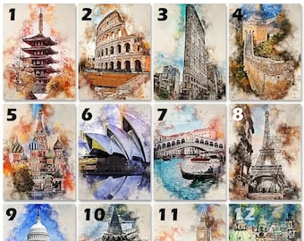 May include: A collage of 12 watercolor paintings depicting famous landmarks around the world. The paintings are numbered 1 through 12. The landmarks include the Tokyo Skytree, the Colosseum, the Flatiron Building, the Great Wall of China, St. Basil's Cathedral, the Sydney Opera House, the Rialto Bridge, the Eiffel Tower, the US Capitol Building, the Hagia Sophia, the Houses of Parliament, and the Charles Bridge.