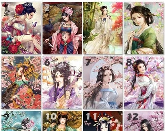 May include: A collage of twelve images featuring women in traditional Asian clothing. Each image depicts a woman in a different pose and setting, with a variety of colors and patterns. The images are arranged in a grid format, with numbers 1 through 12 labeling each image.