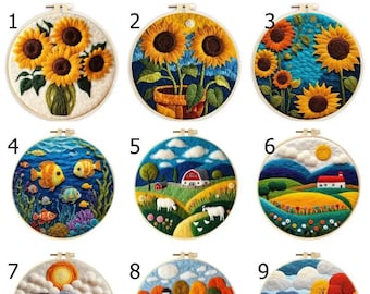 May include: Nine different embroidery hoop art pieces. The first three feature sunflowers in various arrangements. The next three feature countryside scenes with houses, hills, and animals. The last three feature similar countryside scenes with houses, hills, and animals, but with autumnal colors.