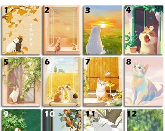 May include: Twelve illustrations of cats in various settings. Each illustration is numbered 1 through 12. The cats are depicted in different poses and colors, with some looking out windows, others sitting on branches, and some looking up at the sky. The illustrations are in a cartoon style with bright colors and simple lines.