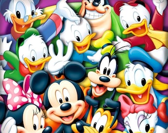 May include: A colorful cartoon illustration featuring Mickey Mouse, Minnie Mouse, Donald Duck, Goofy, Pluto, and other Disney characters. The characters are all smiling and looking at the viewer.