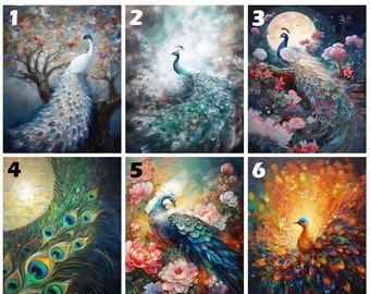 May include: Six different paintings of peacocks with colorful feathers. The peacocks are depicted in various poses and settings, including a forest, a garden, and a moonlit night.