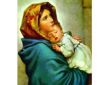 May include: A painting of a woman in a blue and orange robe holding a sleeping baby in her arms. The woman is looking up and the baby is looking down.