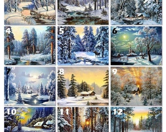 May include: Twelve winter scenes with snow-covered trees, houses, and rivers. The scenes are painted in a realistic style with warm colors and soft lighting.