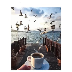 Coffee and Seagull Paint By Number Kit, DIY Painting Kit, Painting On Canvas, Color By Number, Oil Painting Scenery Painting