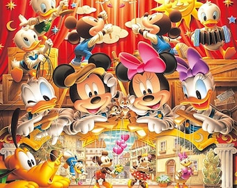May include: A colorful illustration of Mickey Mouse and friends as puppets on a stage. The puppets are being controlled by larger versions of the characters, including Donald Duck, Goofy, and Minnie Mouse. The stage is decorated with a red curtain and a wooden frame.