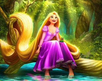May include: A long-haired princess in a purple dress sits on a tree branch over a pond with lily pads. She is smiling and looking up. A small green frog sits on her lap.