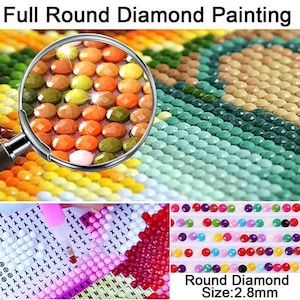 May include: Close-up of a diamond painting kit with round, colorful diamonds. The image shows a magnified view of the diamonds, a section of the canvas with the diamonds already placed, and a row of loose diamonds. The text "Round Diamond Size: 2.8mm" is visible in the image.