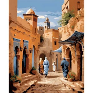 Kit di pittura con numeri per paesaggio di strada vecchia marocchina, kit di pittura fai da te, pittura su tela, colore con numeri, pittura a olio di paesaggi