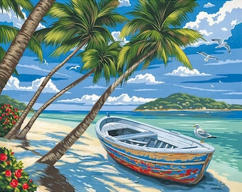 Boat on the Beach Paint By Number Kit, DIY Painting Kit, Painting On Canvas, Color By Number, Oil Painting Scenery Painting