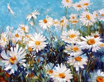May include: A painting of a field of white daisies with yellow centers. The daisies are in focus and the background is a soft blue.