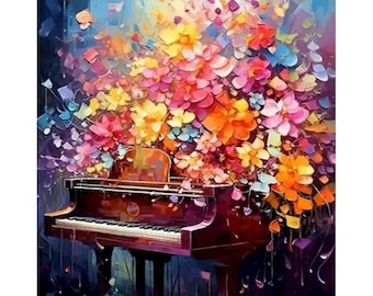 May include: A grand piano with a colorful bouquet of flowers on top. The flowers are in shades of pink, orange, yellow, and blue. The piano is brown and has a black keyboard.