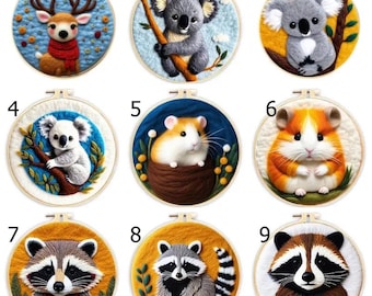 Raccoon Hamster Koala Animal DIY Needle Felting Craft Kit New year Gift with 8 inch Embroidery Hoop Art Easy for Beginner