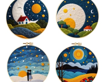 May include: Four embroidery hoops with different felt designs. The designs include a crescent moon, a full moon, a starry night sky, and a starry night sky with a lake. Each hoop is approximately 8 inches in diameter.