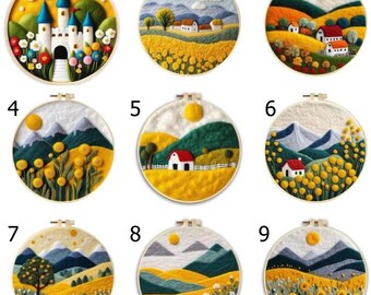 May include: Nine different embroidery hoop art pieces with various nature scenes. Each hoop features a different landscape with a yellow field, green hills, and a blue sky. Some hoops include a small house, a castle, or a mountain.