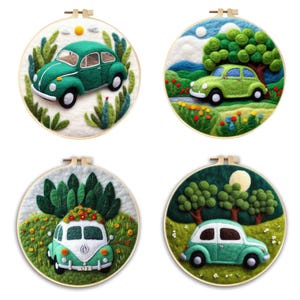 Car Forest DIY Needle Felting Craft Kit New year Gift with 8 inch Embroidery Hoop Art Easy for Beginner