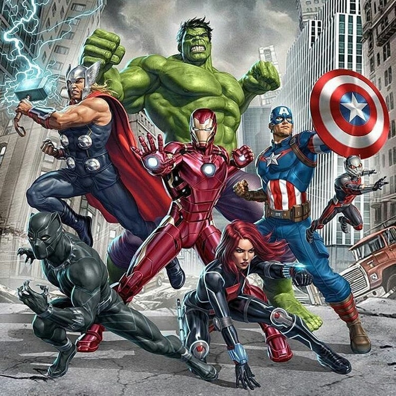 May include: A group of superheroes, including Iron Man in red armor, Thor with a hammer, Hulk in green, Captain America with a shield, Black Widow in black, and Black Panther in black, stand in a city setting.
