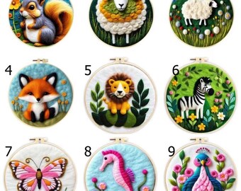 Zebra Peacock Fox DIY Needle Felting Craft Kit New year Gift with 8 inch Embroidery Hoop Art Easy for Beginner