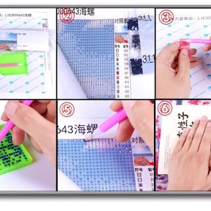 May include: A step-by-step guide on how to complete a diamond painting kit. The image shows a person using a pen tool to place small diamonds on a canvas. The canvas has a grid pattern and the image is of a seashell. The kit includes a tray with diamonds, a pen tool, and a canvas.