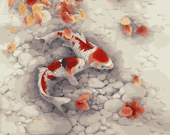 May include: Two red and white koi fish swim in a pond with a bed of white pebbles and scattered orange and red leaves.