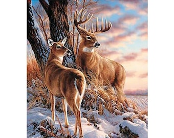May include: A painting of two deer in a snowy forest setting. The deer are brown and have large antlers. The background is a soft, pastel sunset.
