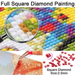 May include: Close-up of a diamond painting kit with square diamonds. The image shows a magnified view of the diamonds, a hand placing a diamond on the canvas, and a sample of the diamonds. The text "Square Diamond Size: 2.5mm" is visible in the image.