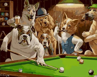 May include: A group of dogs playing pool. The dogs are wearing clothes and hats. The dog in the foreground is a bulldog wearing a white shirt and holding a pool cue. The other dogs are a brown and white dog wearing a blue vest, a brown dog wearing a hat, and a black and white dog wearing a green hat. The dogs are playing on a green pool table with green felt. There are billiard balls on the table, including a white cue ball, a red ball, and a yellow ball.