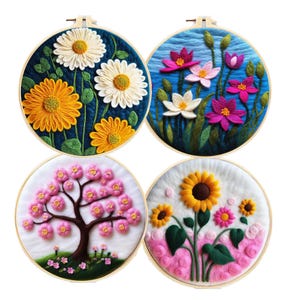 May include: Four round embroidery hoops with different floral designs. The hoops are made of wood and have a white background. The designs include a sunflower, a cherry blossom tree, a daisy, and a water lily.