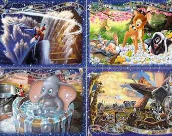 May include: A collage of four images featuring Disney characters. The top left image shows Mickey Mouse as the Sorcerer's Apprentice, the top right image shows Bambi, Thumper, and Flower, the bottom left image shows Dumbo taking a bath, and the bottom right image shows Simba, Mufasa, and the Pride Rock.