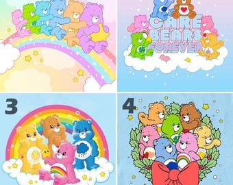 May include: Four different designs featuring Care Bears on a blue background. The first design shows five Care Bears on a rainbow. The second design shows five Care Bears on a cloud with the text "Care Bears Forever". The third design shows five Care Bears on a cloud with a rainbow. The fourth design shows seven Care Bears in a wreath with a red bow.
