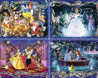 May include: A collage of four Disney princess movie scenes. The top left scene shows Snow White with the seven dwarfs and a deer. The top right scene shows Cinderella in a white ball gown with a fairy godmother. The bottom left scene shows Belle and the Beast dancing in a ballroom. The bottom right scene shows Ariel and Prince Eric in a boat on the water.