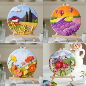 Flower Landscape DIY Needle Felting Craft Kit New year Gift with 8 inch Embroidery Hoop Art Easy for Beginner