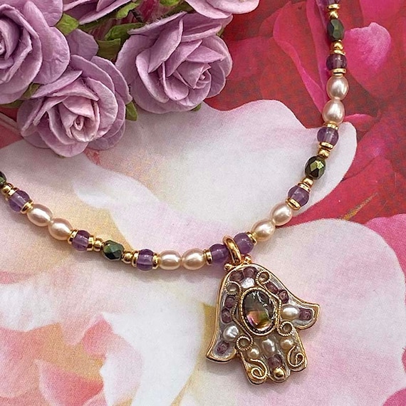 Abalone & Amethyst Hamsa Necklace Abalone & Amethyst Hamsa Necklace