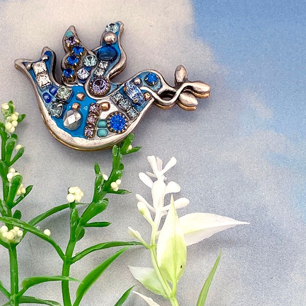 Michal Golan Blue Swarovski Crystal Dove with Olive Branch Brooch