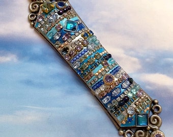 Blue Mosaic Mezuzah. Handcrafted with Swarovski Crystals & Plated in Sterling Silver
